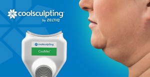 CoolSculpting CoolMini applicator displayed next to a person with submental fat