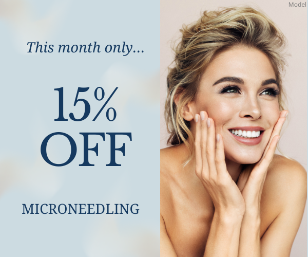 A young woman with glowing skin touching her face (model) and text, "This month only... 15% OFF Microneedling"