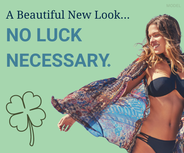 A Beautiful New Look... No Luck Necessary. A Woman (model) poses next to the outline of a four-leaf clover on a green background.