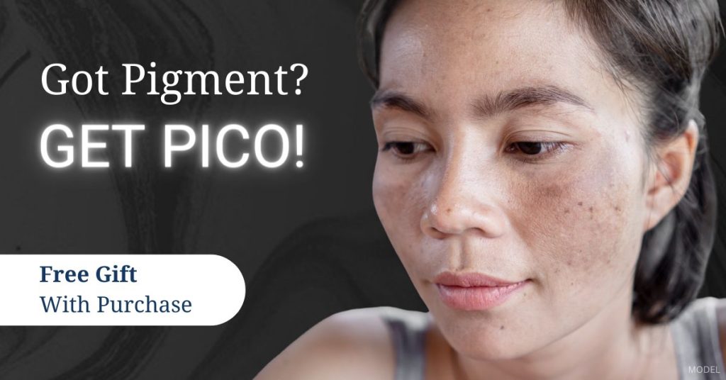 Woman with hyperpigmentation (model) next to promo text reading 'Got Pigment? Get Pico! Free Gift With Purchase