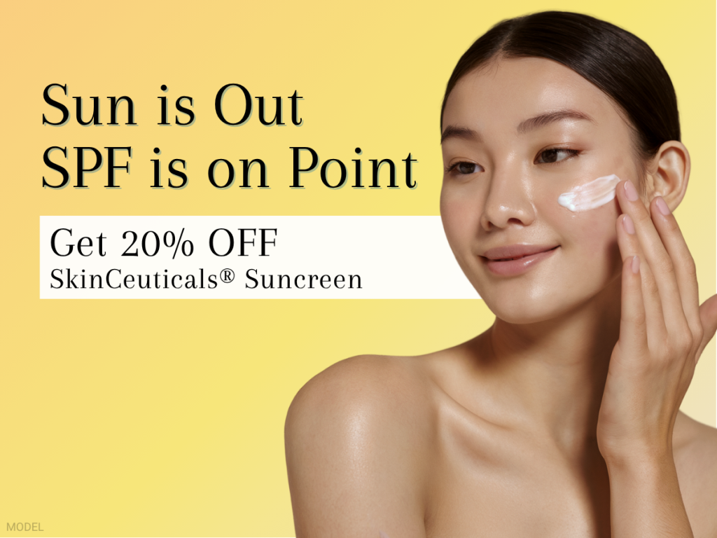 "Sun is Out, SPF is on Point. Save 20% on SkinCueticals® Sunscreen" with model applying sunscreen on her cheek.