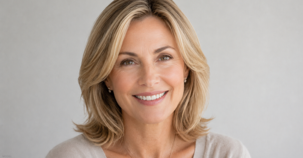Smiling woman highlighting skin rejuvenation achieved through biostimulator treatment (model)