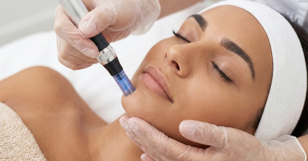 Woman (model) receiving a microneedling treatment from a skincare provider.